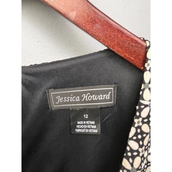 Jessica Howard Cap sleeve dress Womens 12 Textured Black Beige Career Midi - Picture 4 of 7